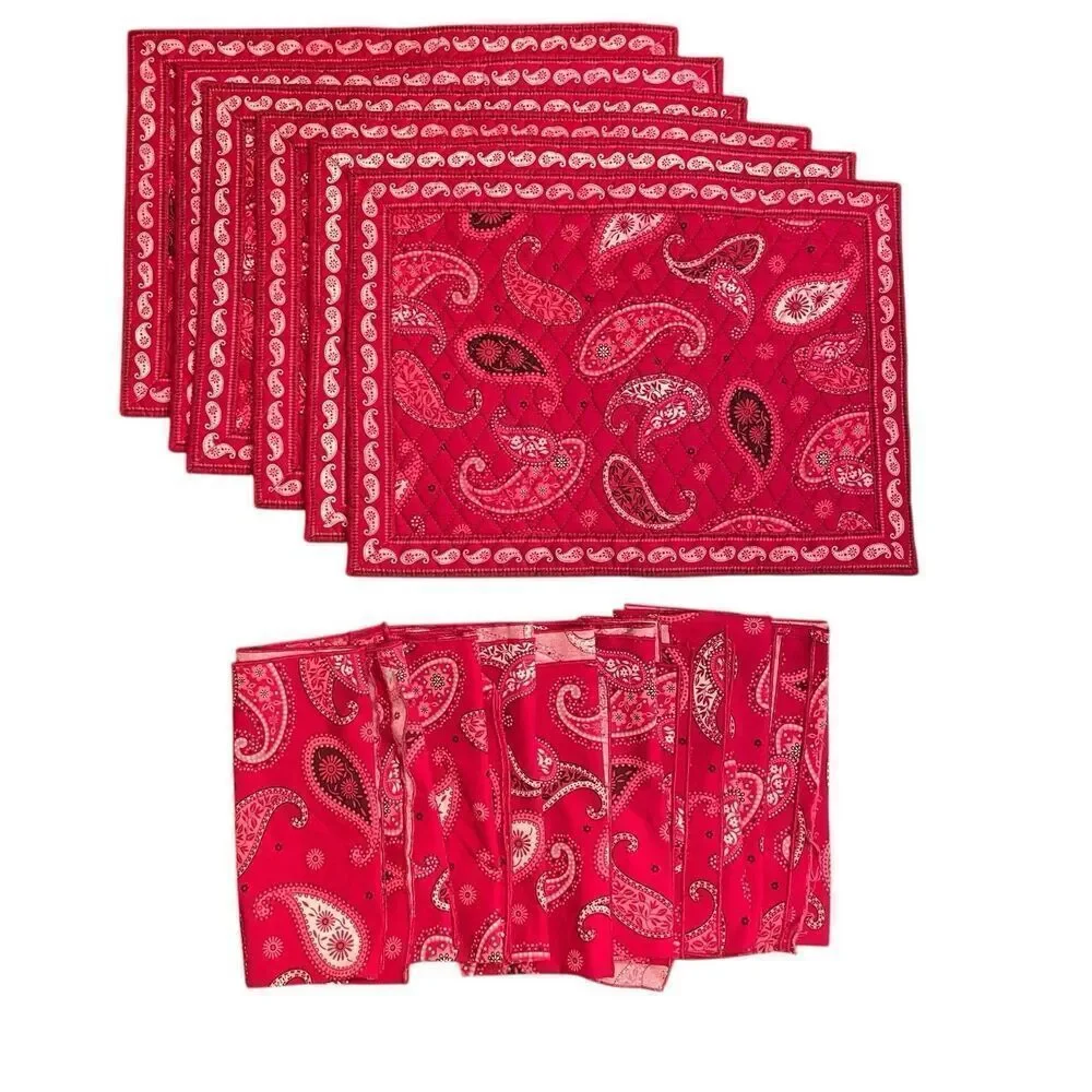 Vera Bradley Mesa Red Set 6 Quilted Placemats and 9 Napkins Paisley Print